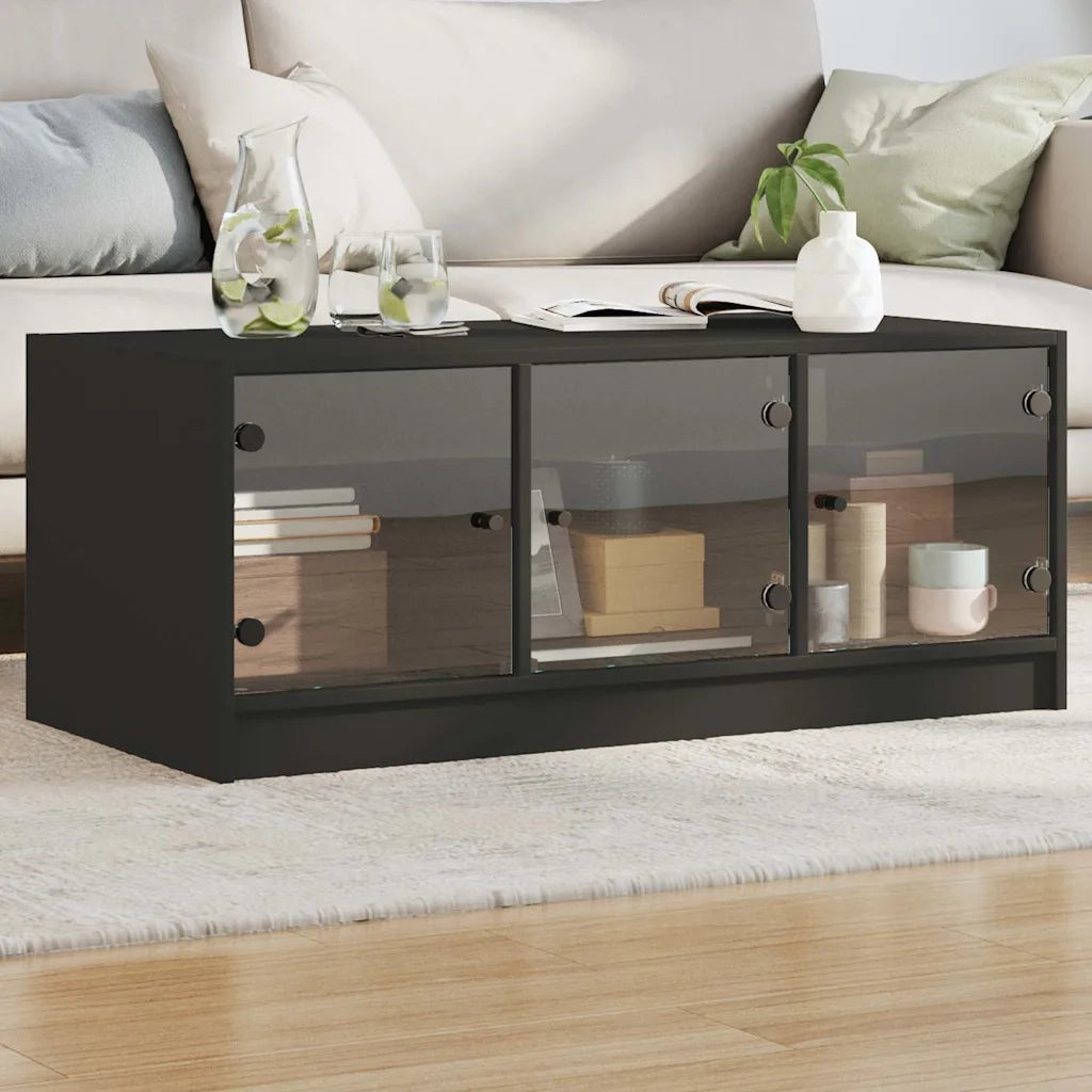 Tavolino da Salotto con Ante in Vetro-Tavolino da soggiorno Nero 102x50x42 cm