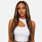 Pruika 66 cm - capelli umani - pre-stilizzati - pre-piegati - 13x4 fronte in setole - highlights balayage marrone