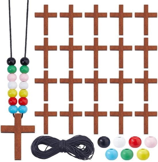 Collana in legno a croce con perle colorate e chiusura a cerniera