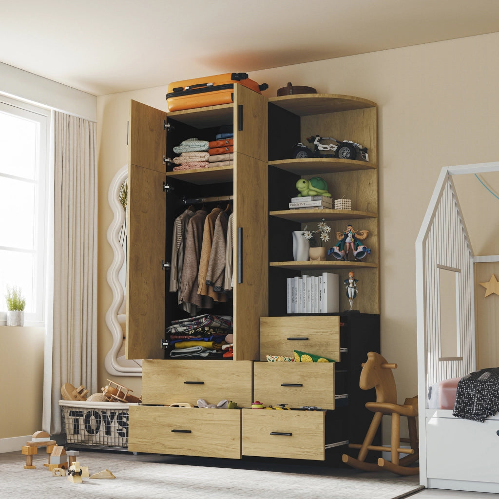 Armadio con 2 ante; 5 cassetti e bastone - per camera da letto - MDF - naturale e nero