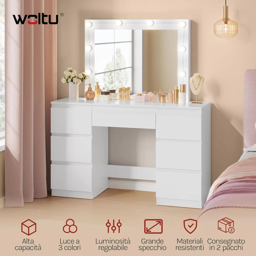 Grande toeletta da trucco, Toeletta con Specchio e Luci, Tavolo da trucco con specchio, Postazione Trucco con 7 cassetti per Camera da Letto, bianco, 107 cm