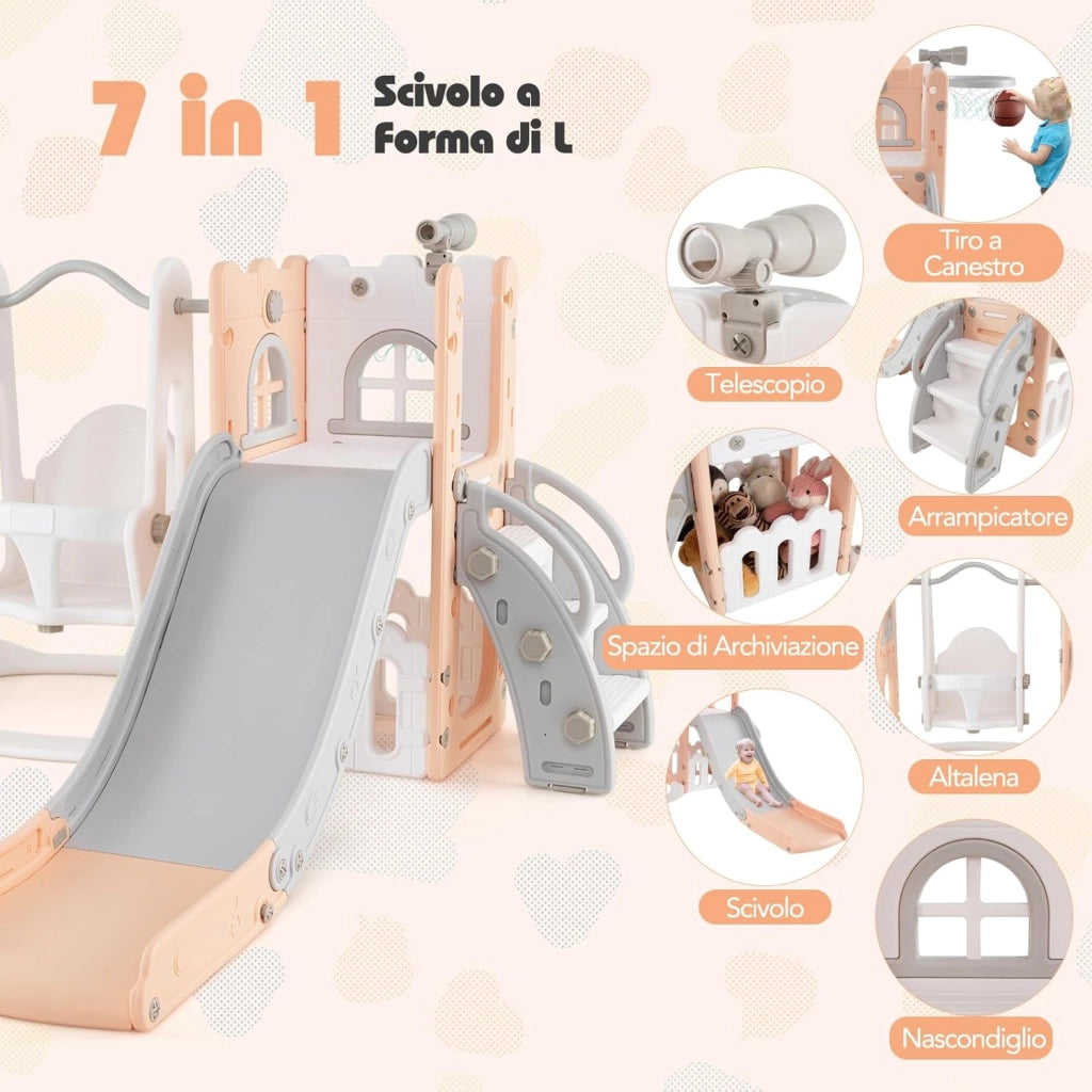 7 in 1 Parco Giochi per Bambini, Set di Scivolo e Altalena per Bambini con Canestro da Basket e Telescopio, 142 x 165 x 92 cm, 1-3 Anni (Rosa)