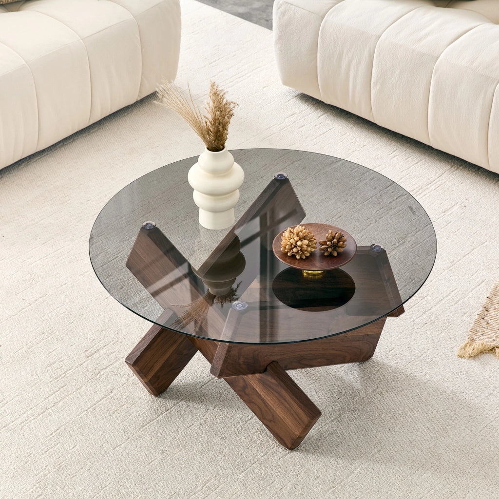 Tavolino basso rotondo Ø 79 cm noce MDF e vetro temperato; base geometrica
