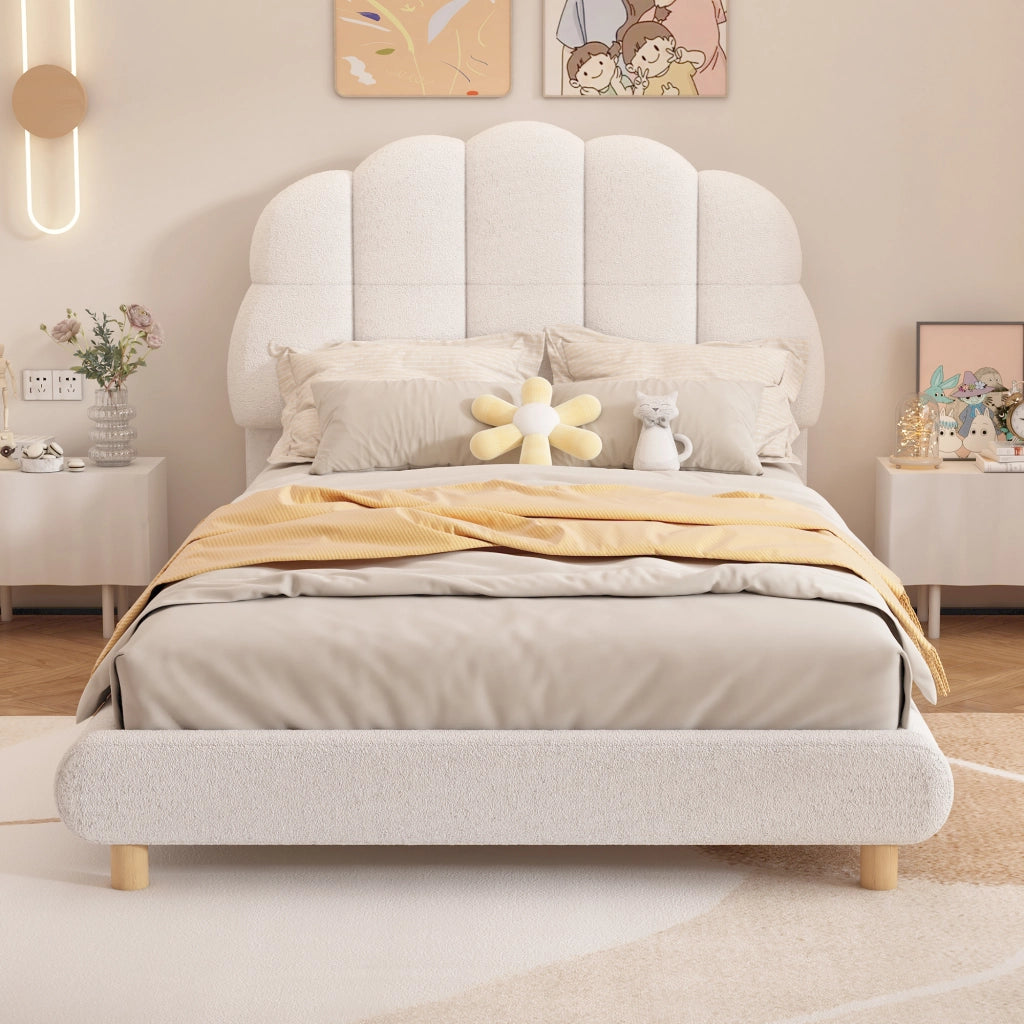 OKWISH Letto Bambino 90×200 cm, Letto Singolo con Testiera a Fiore in Peluche e Imbottitura Morbida, senza Materasso, Bianco