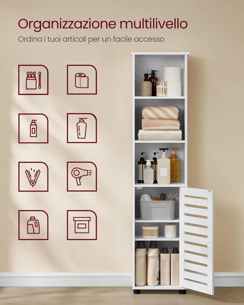 VASAGLE Mobile da Bagno, Armadio Alto per Bagno, Organizzatore Portaoggetti, con 3 Scomparti Aperti e 2 Ripiani Regolabili, Soggiorno, Entrata, Bianco Nuvola BBK160W01