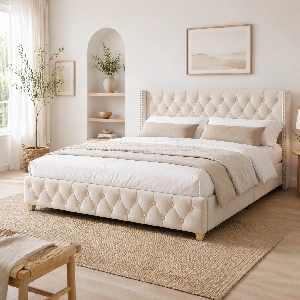 Letto imbottito 160x200 cm in velluto beige chiaro con rete a doghe, testiera capitonné e dettagli con borchie
