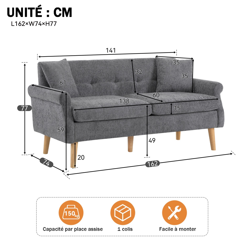 OKWISH Divano 2 Posti con Cuscini, Seduta Spessa 15 cm e Braccioli Ergonomici, Ciniglia Grigio, 162 x 74 x 77 cm