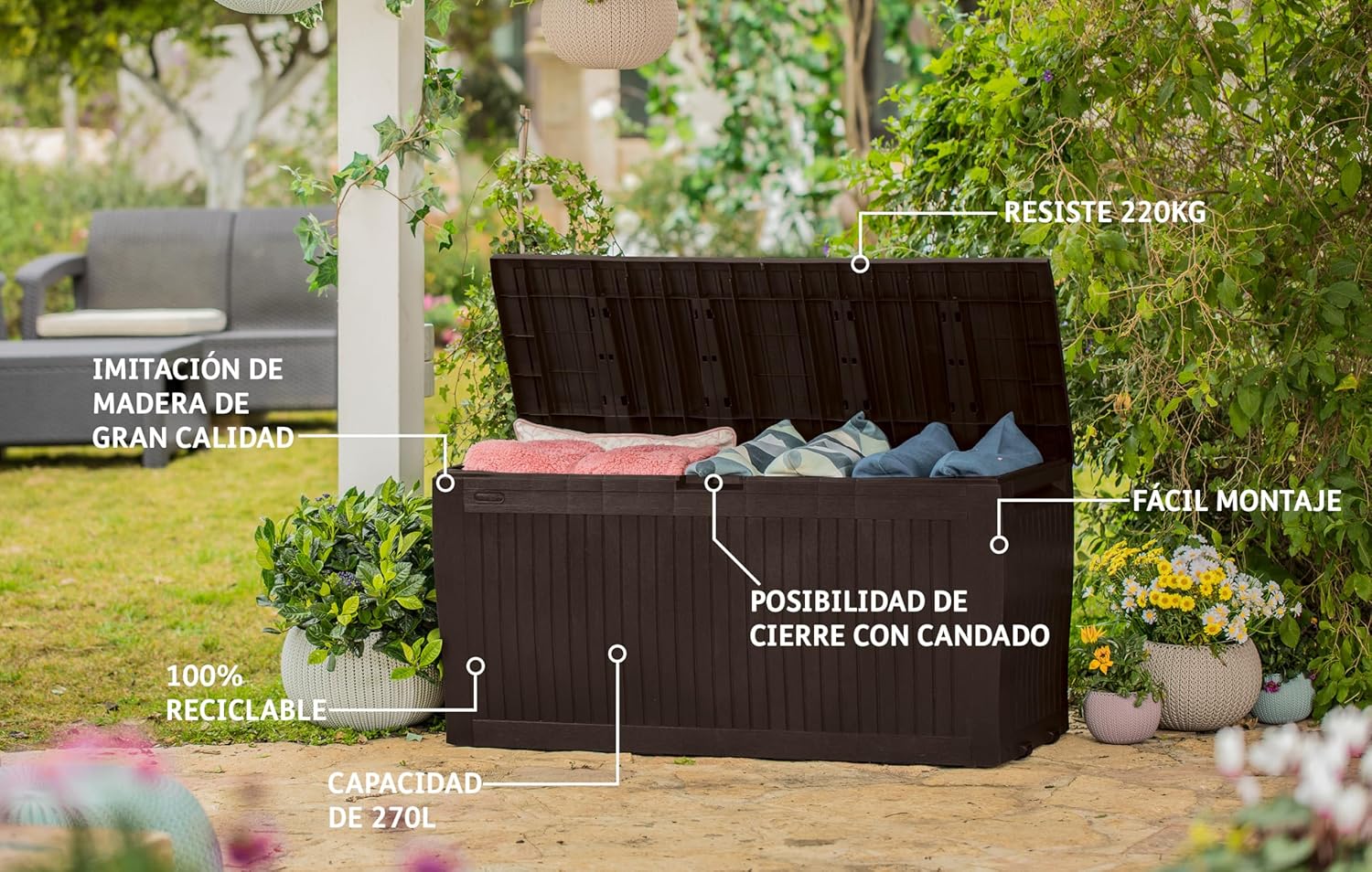 Baule da esterno in resina con ruote e maniglie colore marrone 117x45x57 cm portata 220 kg Comfy Keter