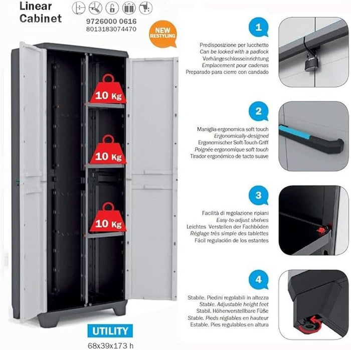 Armadio Portascope in Resina per Esterno con Vano Scope e Ripiani Regolabili Colore Grigio e Nero Linear Keter