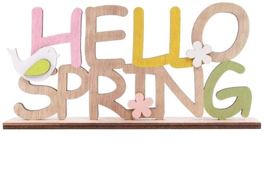 Decorazione da tavola in legno - Figura decorativa - Ideale per feste di bambini - Adatto per camere da letto - Ciao Primavera - Decorazione per Pasqua - Etichetta in legno - Decorazione perfetta per bambini