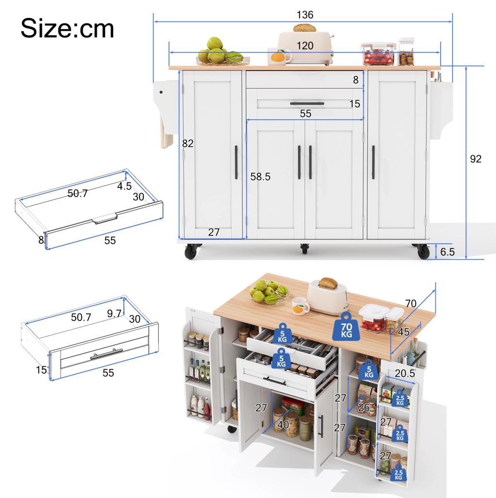 Isola cucina mobile 136x70x92 cm con piano estraibile e cassetto nascosto in MDF bianco e naturale