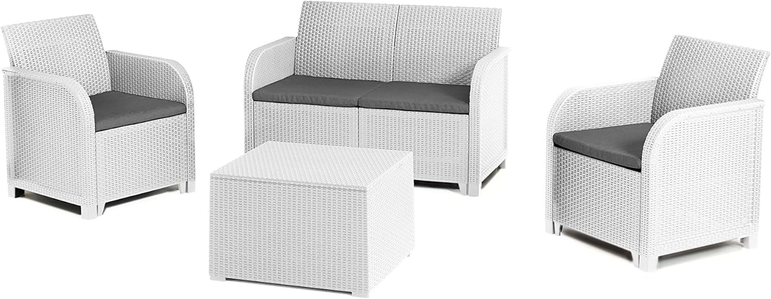 Set da Giardino 4 Pezzi in Polipropilene Effetto Rattan con Cuscini Colore Bianco Rosalie Lounge Keter