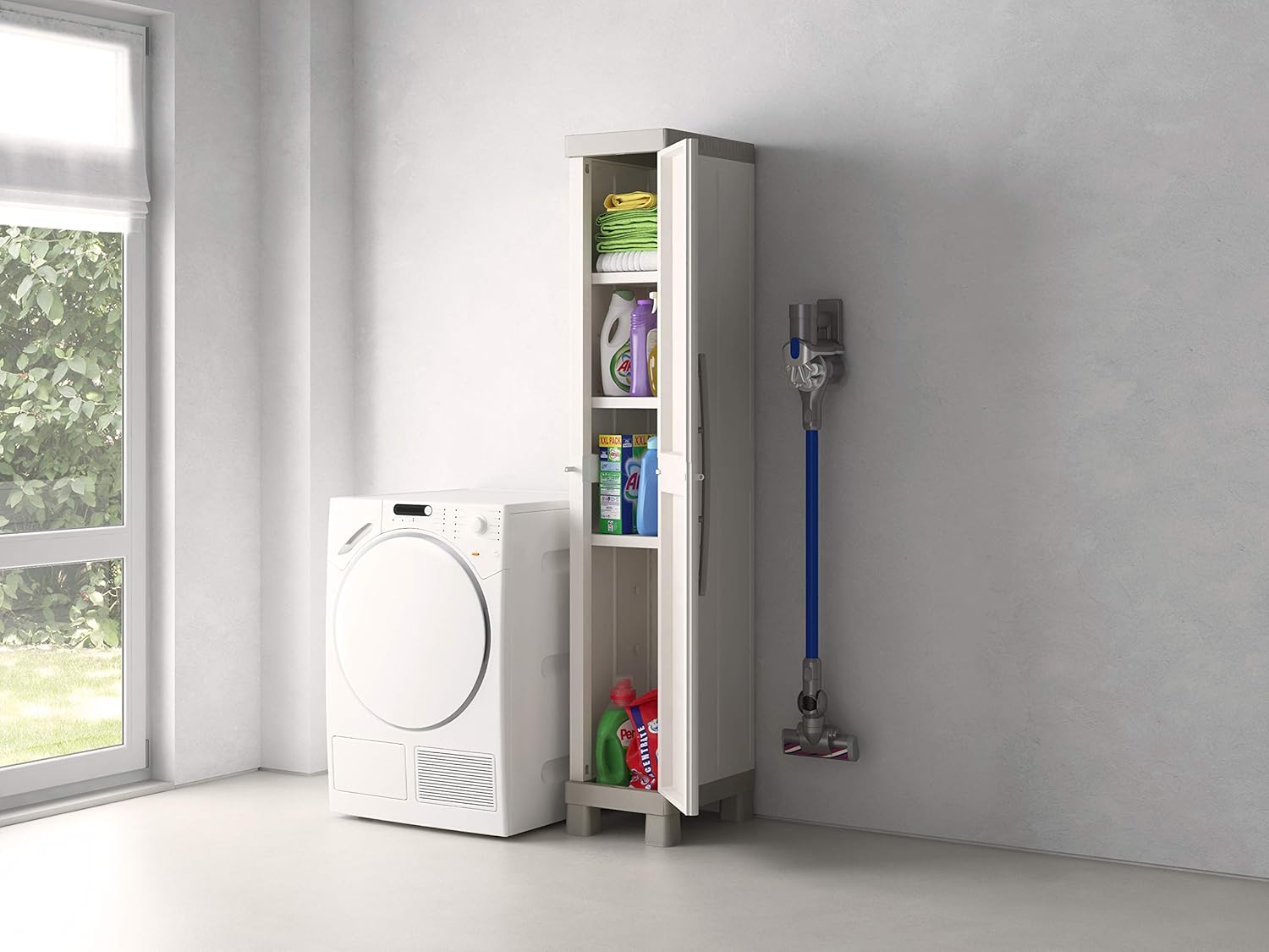 Armadio Alto a 1 Anta in Resina con 4 Ripiani Regolabili e Chiusura Lucchettabile Colore Grigio e Nero Excellence Keter