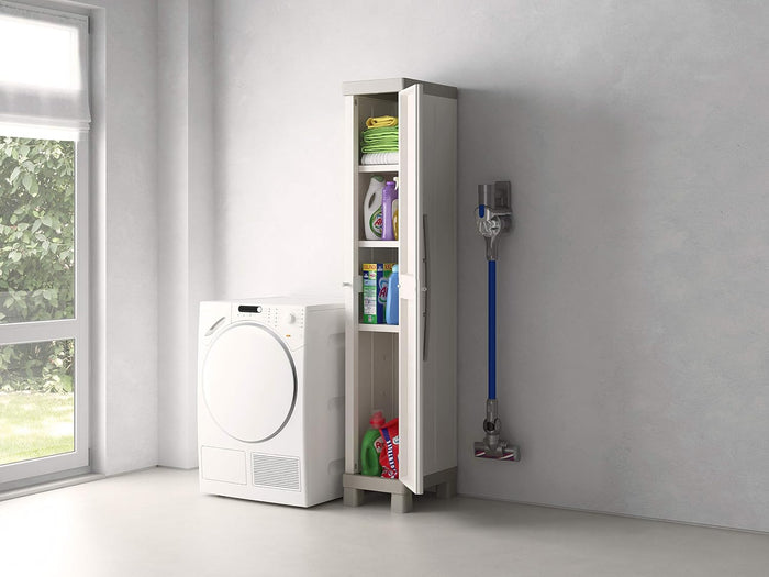 Armadio Alto a 1 Anta in Resina con 4 Ripiani Regolabili e Chiusura Lucchettabile Colore Grigio e Nero Excellence Keter