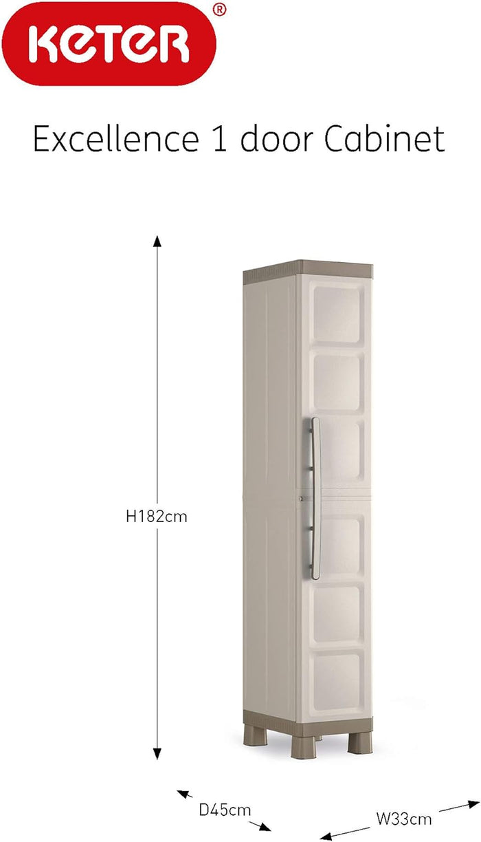 Armadio Alto a 1 Anta in Resina con 4 Ripiani Regolabili e Chiusura Lucchettabile Colore Grigio e Nero Excellence Keter