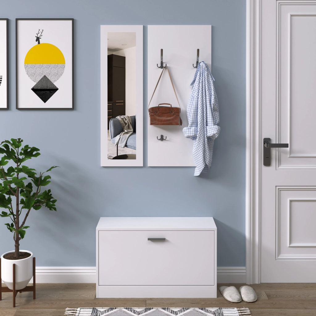 Set di Mobili per Ingresso 3 Pezzi Scarpiera Specchio Appendiabiti con Ganci ¨C Zephmum ¨C 80x27x46,5cm Bianco