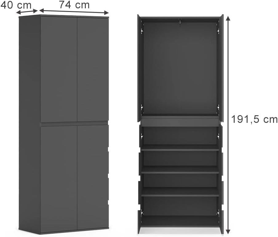 Armadio multifunzione Claus, Antracite, 74 x 191.5 cm con 4 porte