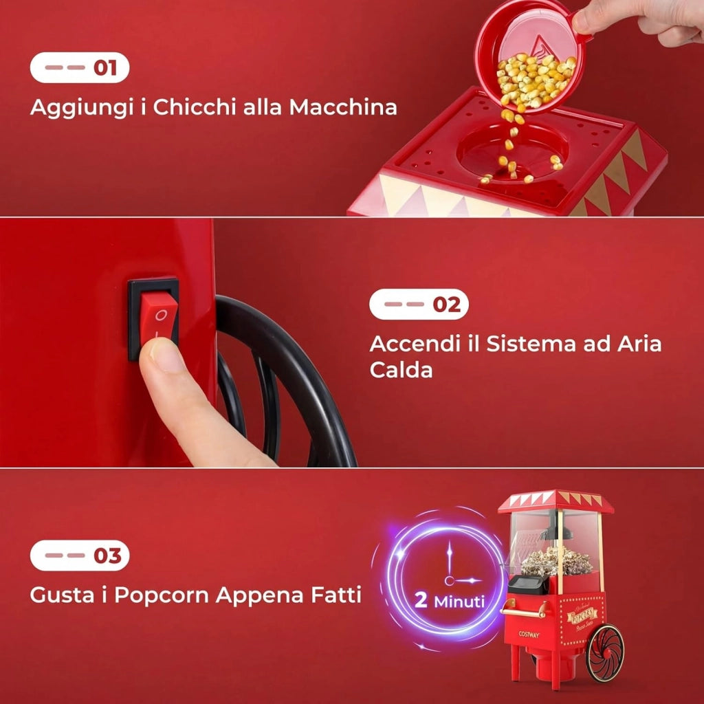 1200W Macchina Pop Corn, Macchina Popcorn ad Aria Calda con Misurino Pronta in 2 Minuti, Senza Olio, Design Retro e Portatile per Serata Cinema Casa