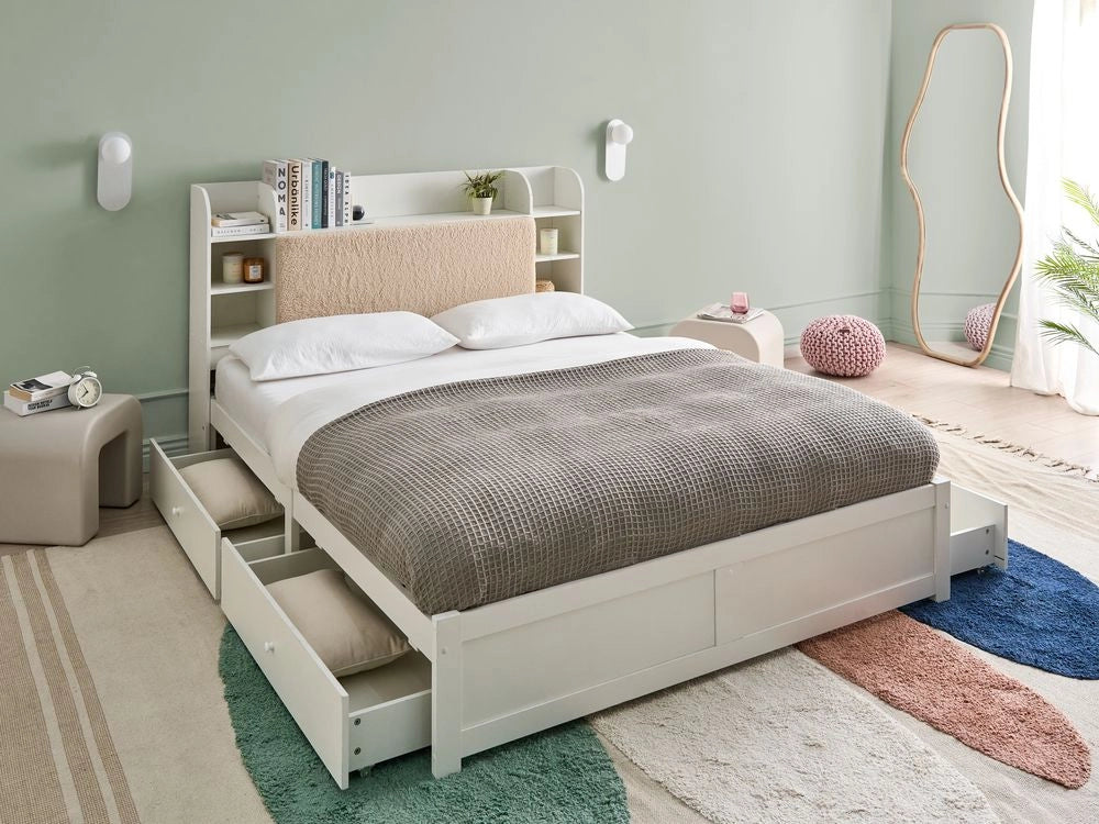 Letto matrimoniale in legno di pino MDF minimalista con contenitore 4 cassetti e ripiani testiera in bouclé bianco con rete 160 x 200 cm