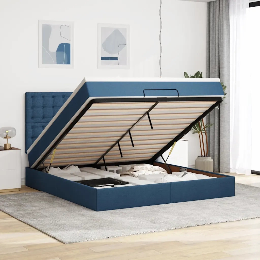 Struttura Letto Pouf con Materasso Blu 160x200 cm in Tessuto 3314189