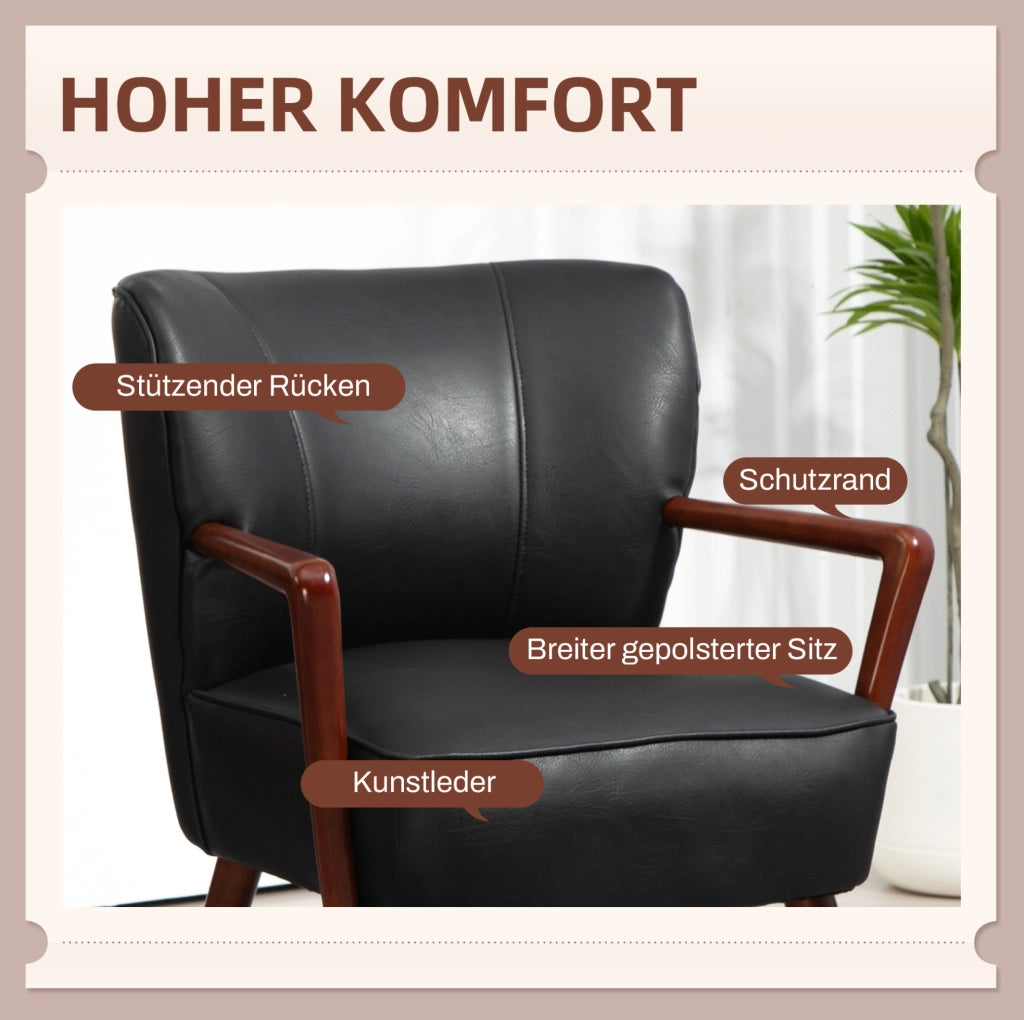 Poltroncina imbottita nera con braccioli e gambe in legno
