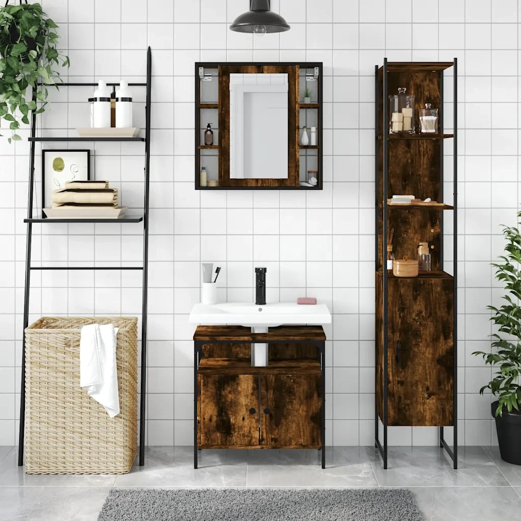 Set Mobili da Bagno | Armadio da bagno 3 pz Rovere Fumo in Legno Multistrato