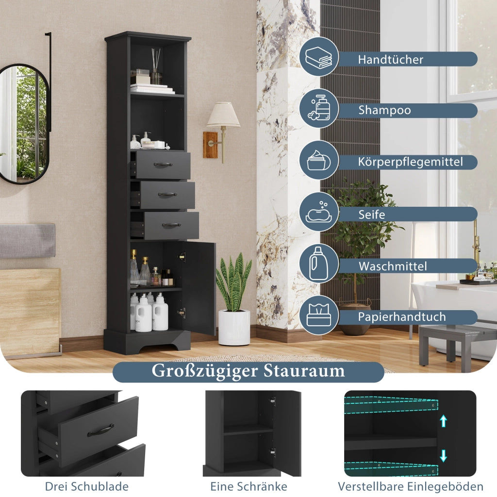 Mobile da bagno con 1 anta; 3 cassetti e ripiani regolabili - per bagno - 38×26×172.5 cm - nero