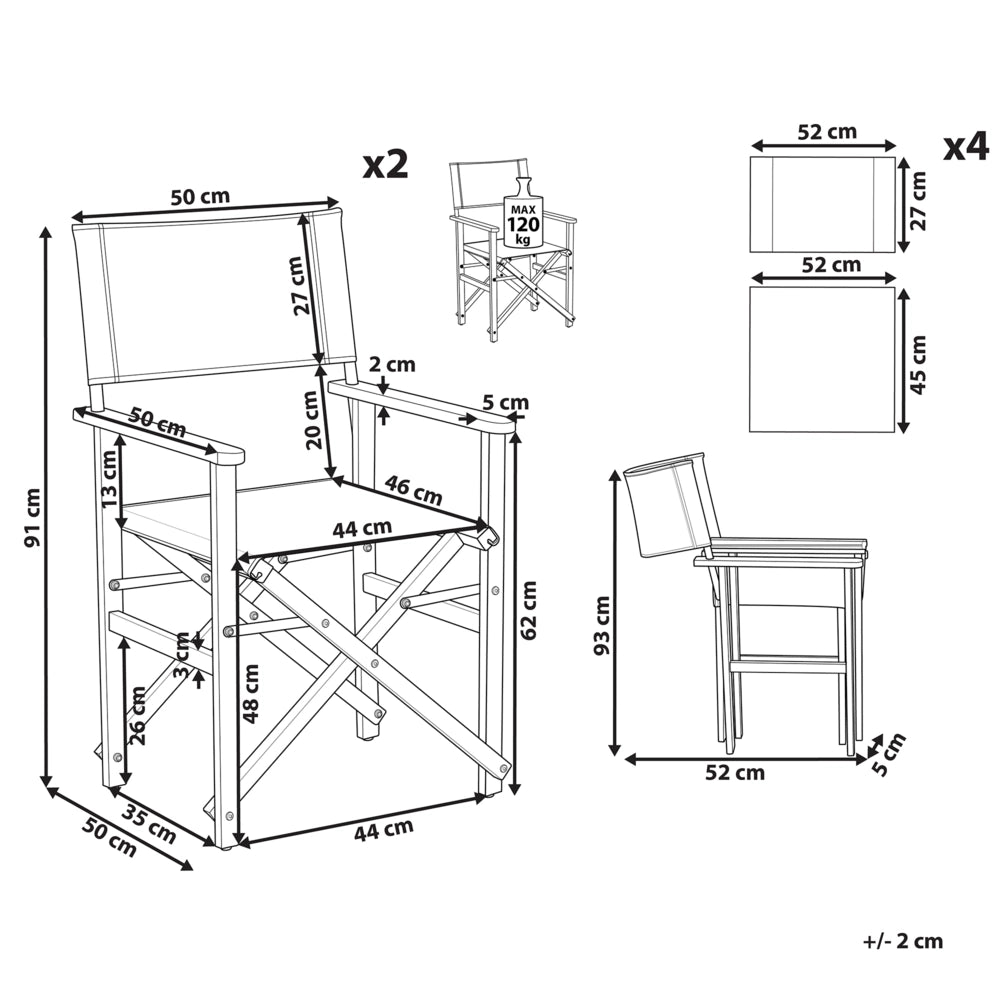 Set di 2 sedie da regista da giardino in legno chiaro con tessuto di ricambio in tessuto di acacia olive bianco sporco con 2 Tele intercambiabili