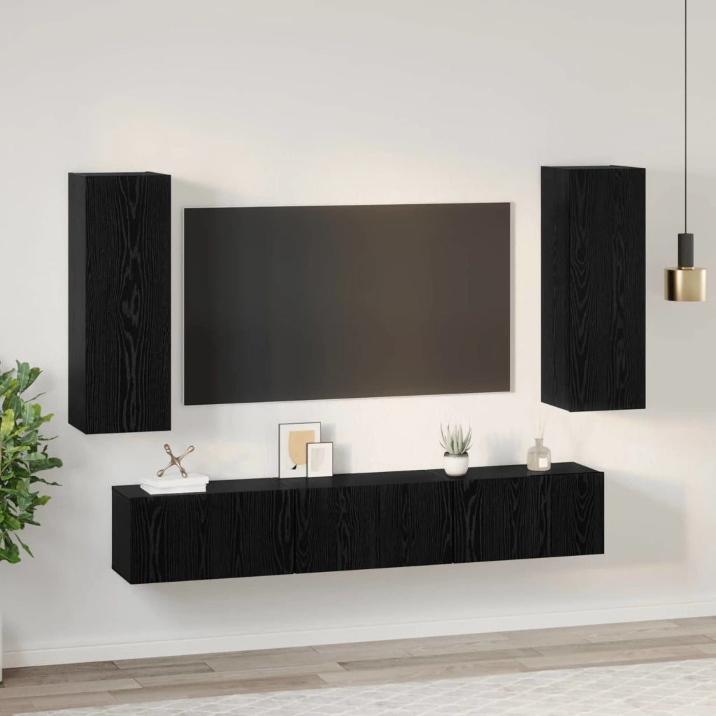 Set mobile TV 5 pz-Credenza per TV Rovere Nero Legno multistrato 696364