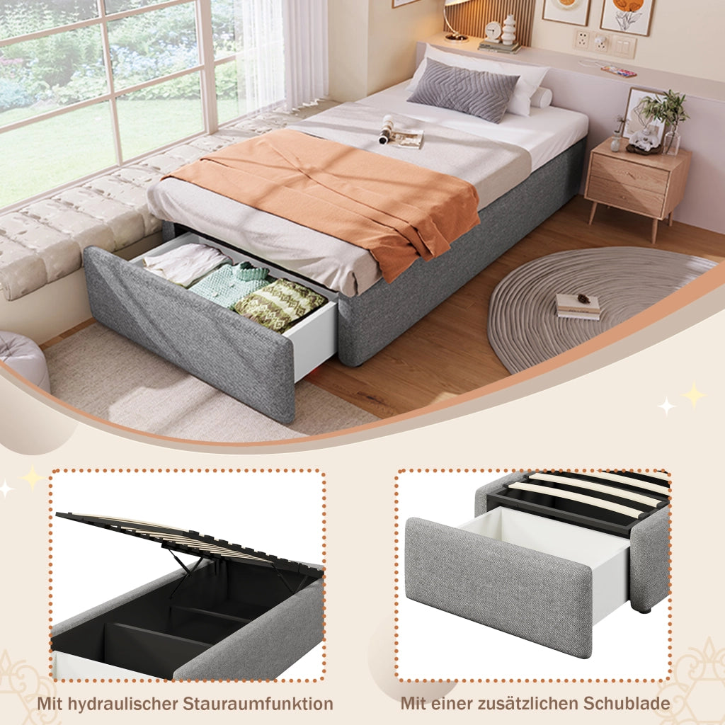 Letto imbottito singolo 90 × 200 cm con contenitore idraulico e cassetto, senza materasso, grigio