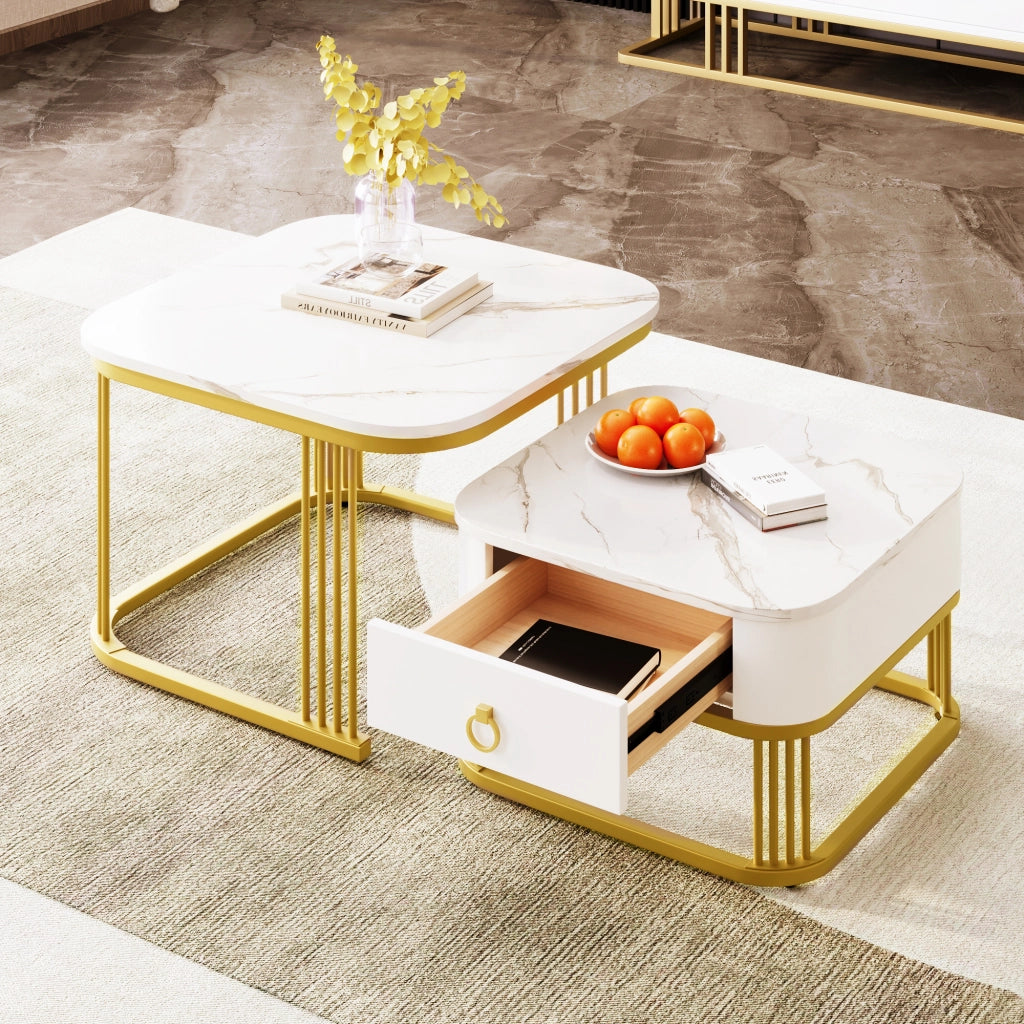 Tavolini da salotto 60x60x45+50x50x34 cm; design impilabile; effetto marmo lucido; MDF bianco