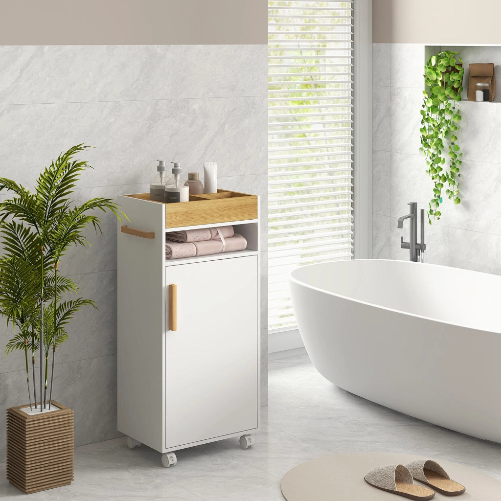 Armadietto da Bagno con Ripiani Regolabili e Ruote ¨C Zephmum ¨C Bianco e Rovere 40x30x88 cm
