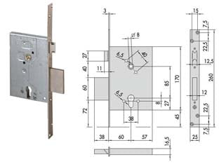 SERRATURA DA INFILARE A CILINDRO CON CATENACCIO E SCROCCO 56250- - mm.60 (156250600) - 1 pezzi CISA