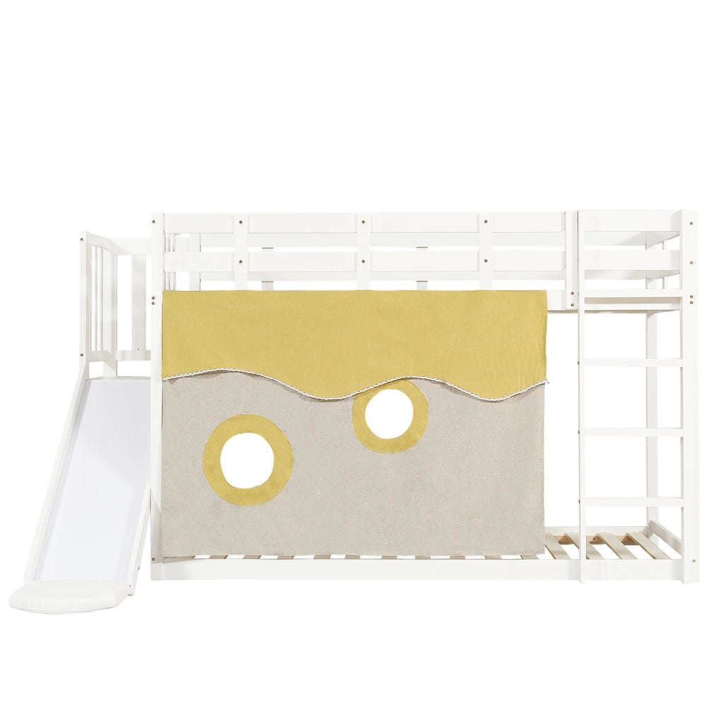 Letto a castello 90x200 cm con scivolo; scala e tendine in MDF e legno bianco