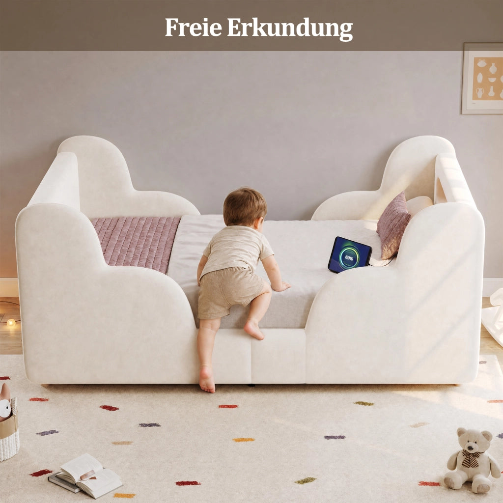LETTO 90x200 cm in velluto beige con sponde, luce notturna e presa USB Type-C