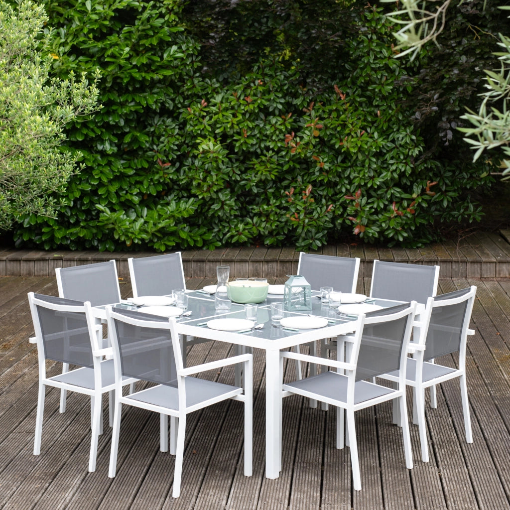 CAGLIARISet di mobili da giardino in textilene grigio 8 posti - alluminio bianco