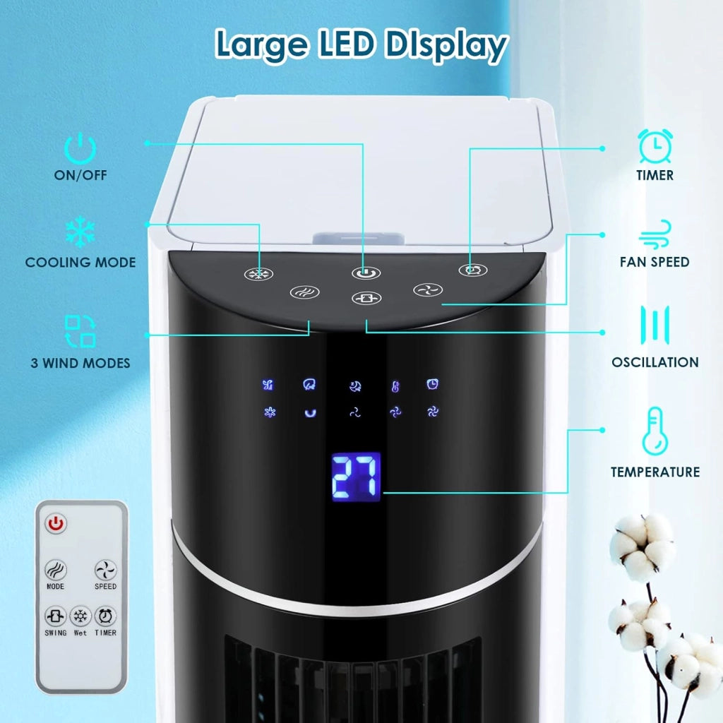 Ventilatore a Torre da 104 cm con Telecomando e Raffreddamento ad Acqua, 4 In 1 con Raffreddamento Umidificazione, Oscillazione di 50°, Timer 12 Ore, Silenzioso per Camera da Letto, Soggiorno
