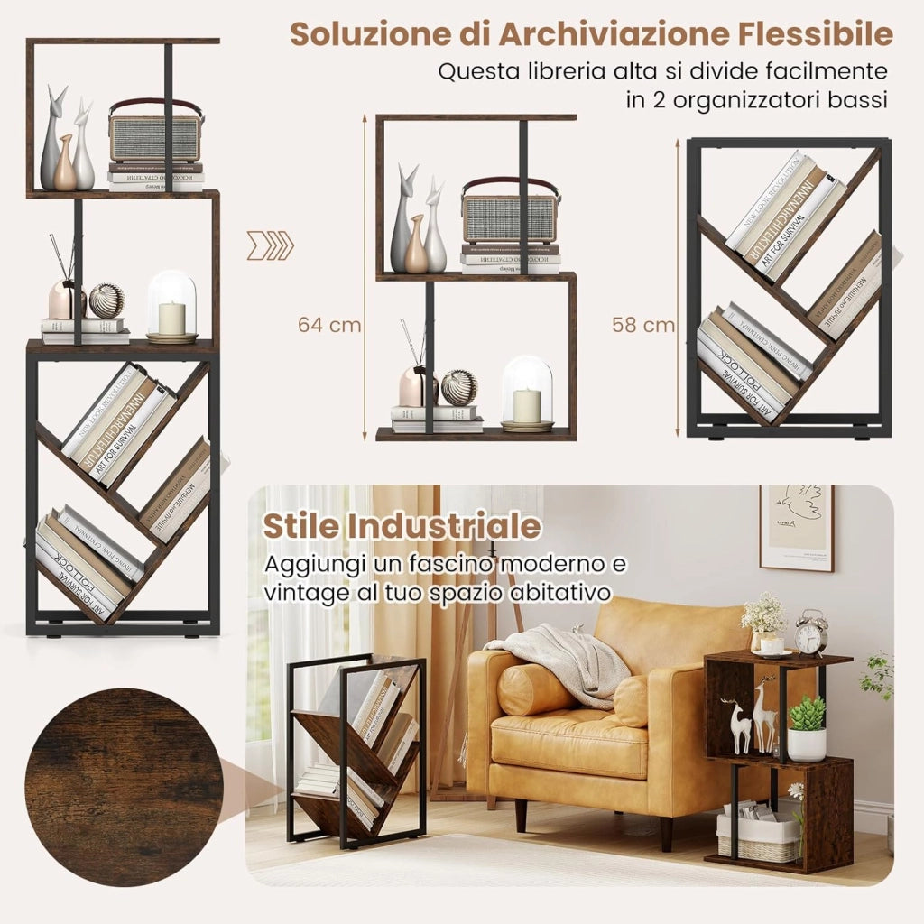 Libreria Scaffale, Librerie Verticali da Terra a 6 Ripiani Aperti, Scaffale Alto Industriale a S e Albero, 39,5 x 25 x 122 cm, per Soggiorno, Ufficio e Camera da Letto