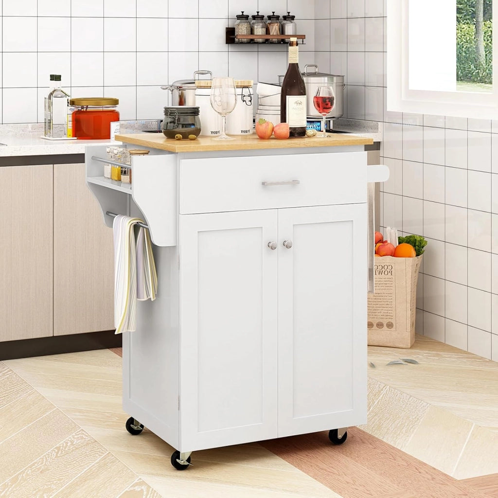 Isola da Cucina con Ruote, Carrello da Cucina con Cassetto e Armadio, Porta Spezie e Barre Porta Asciugamani, Armadietto Mobile con Ripiano Regolabile per Sala da Pranzo, 83x48x91 cm