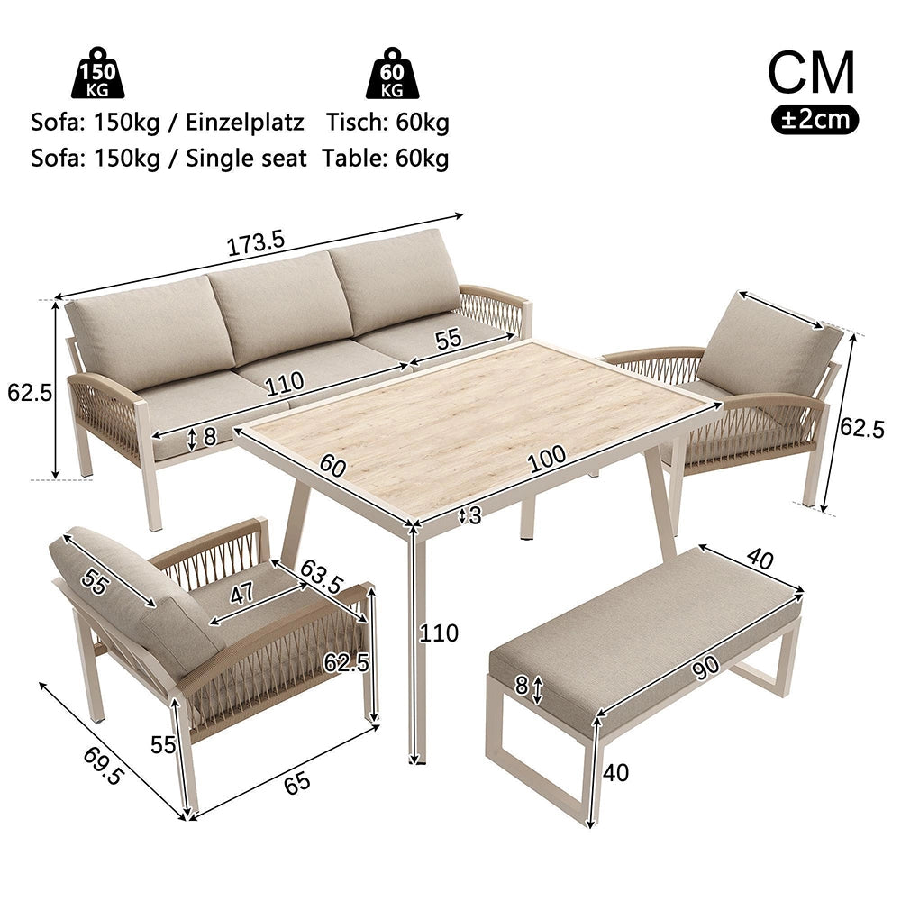 Set da giardino intrecciato a mano per 7 persone - Xylo - Struttura in ferro robusta con cuscini beige e tavolo in vetro effetto legno