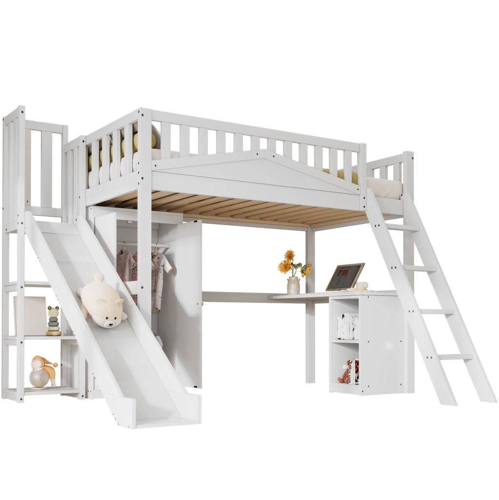 Letto a castello per bambini 90x200 cm con scivolo, scrivania e armadio
