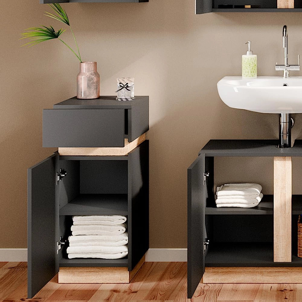 Mobiletto bagno Gloria, Antracite, 33 x 75.5 cm con anta e cassetto, con apertura per sifone e compatibile con la serie Gloria