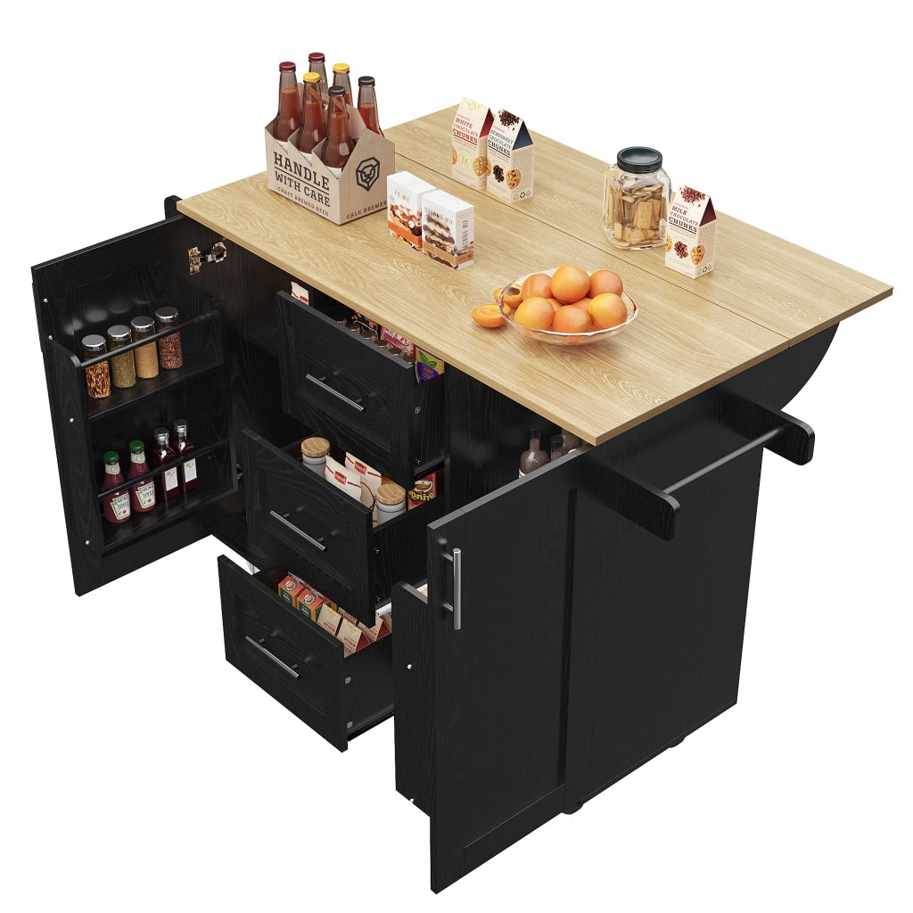 Isola Cucina con Ruote ¨C MINIMAL ¨C Nero, Legno, Ripiani, Portasalviette
