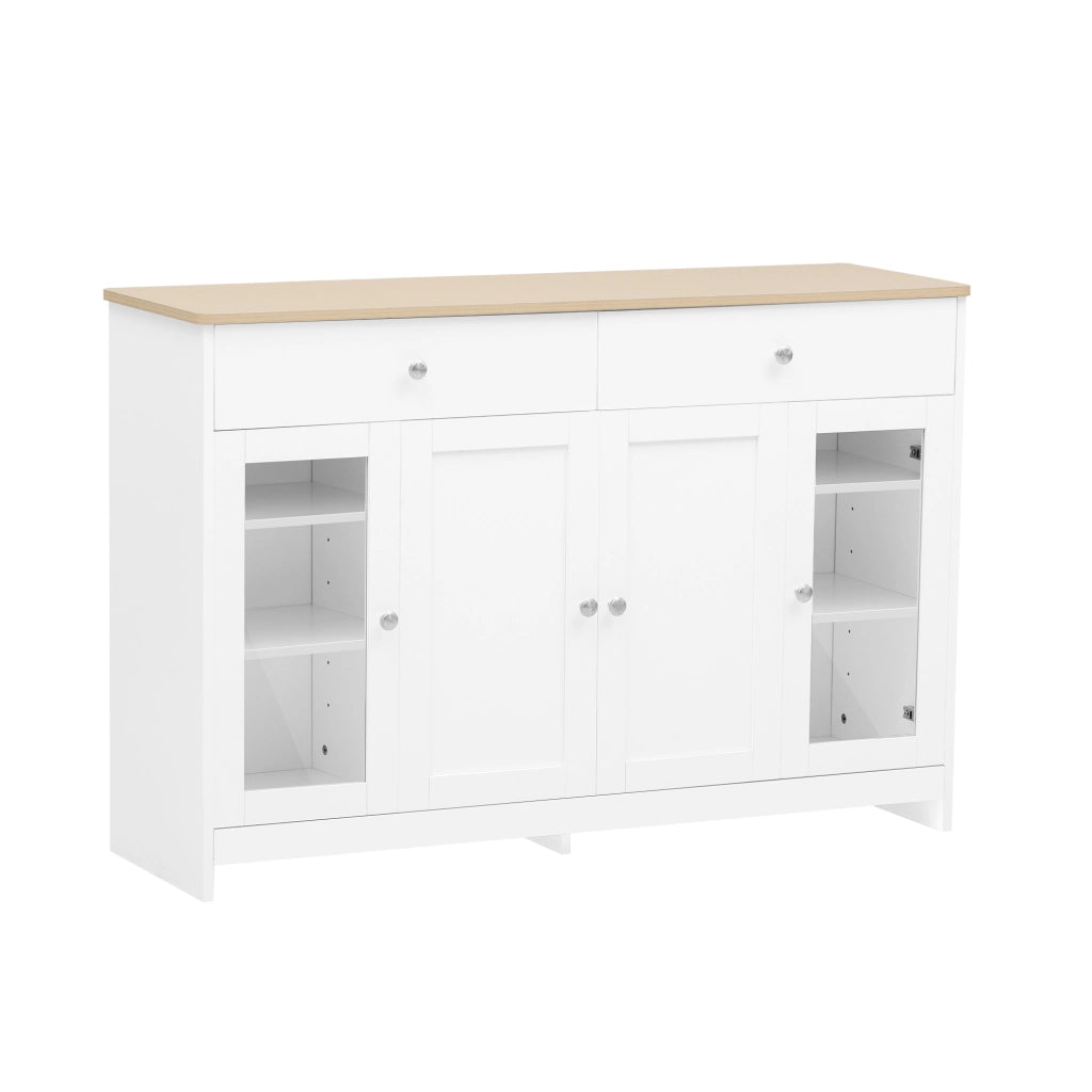 Credenza con 4 ante e 2 cassetti, ripiani regolabili, in MDF legno e bianco per cucina e soggiorno, 120 × 37 × 80 cm