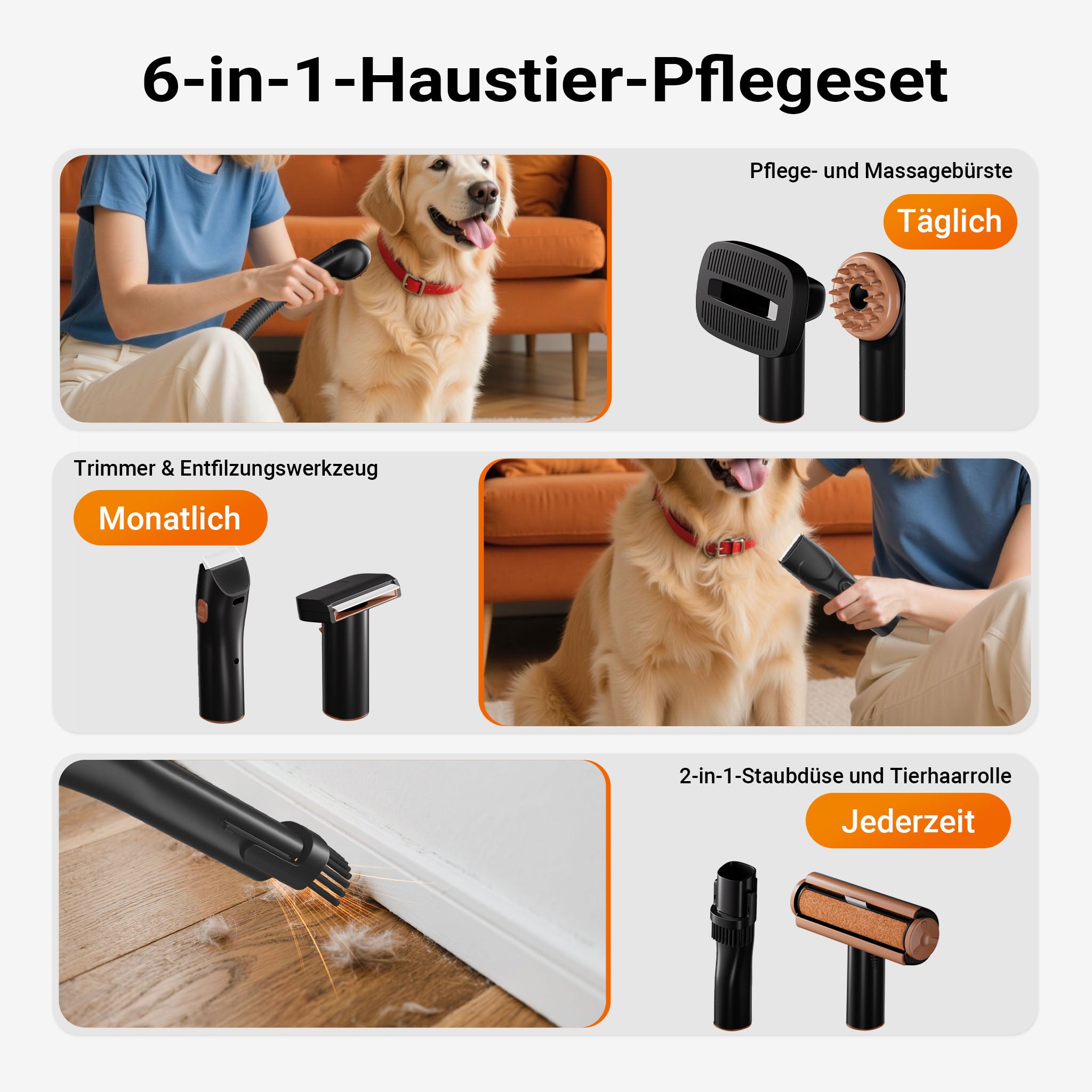 Fudajo Set per toelettatura di animali domestici 6 in 1, aspira peli per cani e gatti, tosatrice per cani, con accessori per la cura del pelo, colore nero