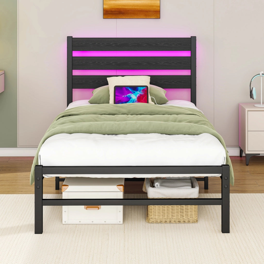 Letto in metallo con LED USB 90x200 MDF nero e metallo