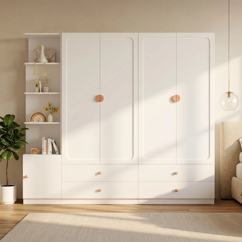 Armadio guardaroba modulare 225x45x200 cm bianco con 3 appendiabiti e 4 cassetti