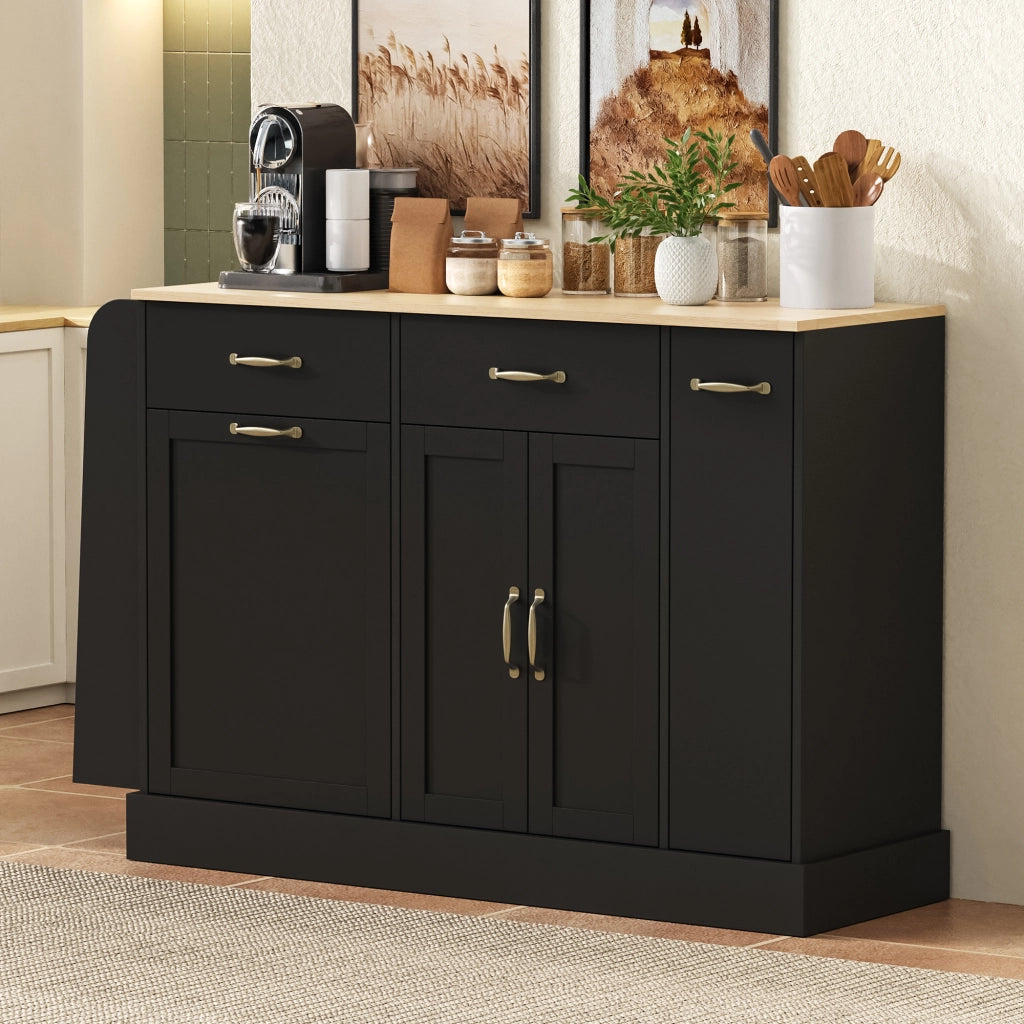 Credenza e madia con vani aperti, vano pattumiera e ripiani, per cucina e sala da pranzo, nera, 133,5 × 40 × 86 cm