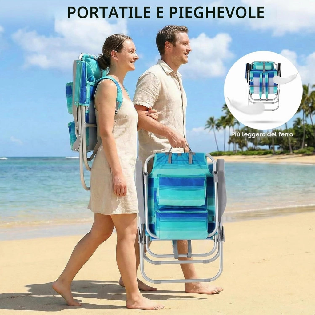 Sedia da Spiaggia Pieghevole in Lega di Alluminio, Sedia Pieghevole Leggera e Portatile come uno Zaino, Sedia Campeggio, Reclinabile, Capacità Carico fino a 150 kg, Sedia Pieghevole Esterni