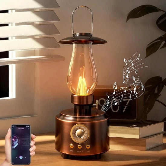 Lampada a Kerosene Vintage con Altoparlante Bluetooth - LED Ricaricabile - Regolabile all'Infinito - Impermeabile - Adatta per Camera da Letto e Campeggio - Lampada a Kerosene Vintage in Rame
